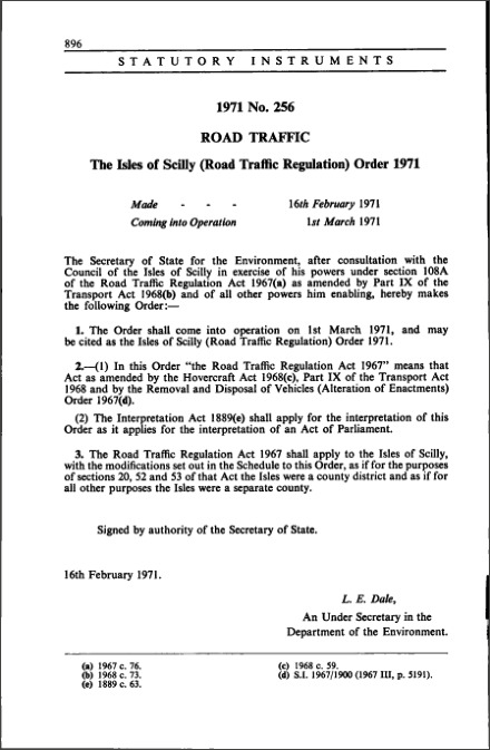 The Isles of Scilly (Road Traffic Regulation) Order 1971