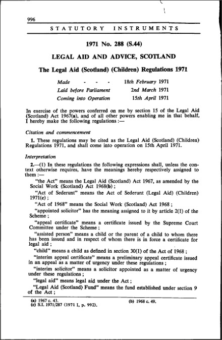 The Legal Aid (Scotland) (Children) Regulations 1971