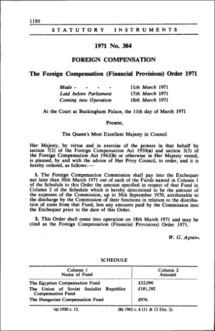 The Foreign Compensation (Financial Provisions) Order 1971