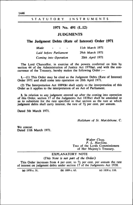The Judgment Debts (Rate of Interest) Order 1971