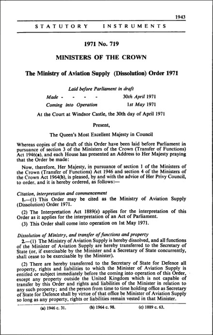 The Ministry of Aviation Supply (Dissolution) Order 1971
