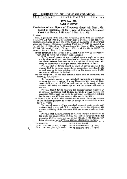 House of Commons Member’s Fund Resolution 1971