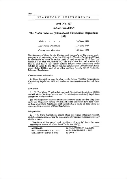 The Motor Vehicles (International Circulation) Regulations 1971
