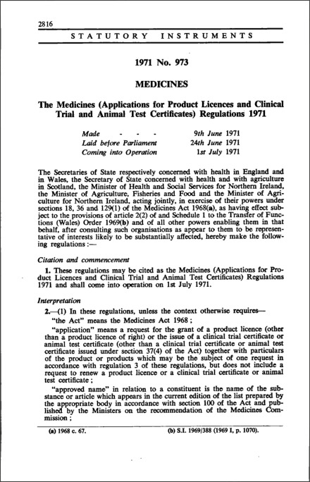 The Medicines (Applications for Product Licences and Clinical Trial and Animal Test Certificates) Regulations 1971