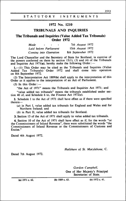 The Tribunals and Inquiries (Value Added Tax Tribunals) Order 1972
