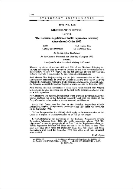 The Collision Regulations (Traffic Separation Schemes) (Amendment) Order 1972
