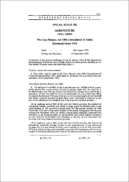 The Corn Returns Act 1882 (Amendment of Units) (Scotland) Order 1972