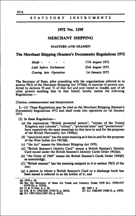 The Merchant Shipping (Seamen's Documents) Regulations 1972