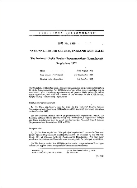 The National Health Service (Superannuation) (Amendment) Regulations 1972