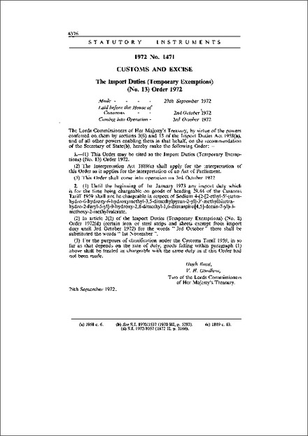 The Import Duties (Temporary Exemptions) (No. 13) Order 1972