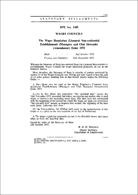The Wages Regulation (Licensed Non-residential Establishment) (Managers and Club Stewards) (Amendment) Order 1972