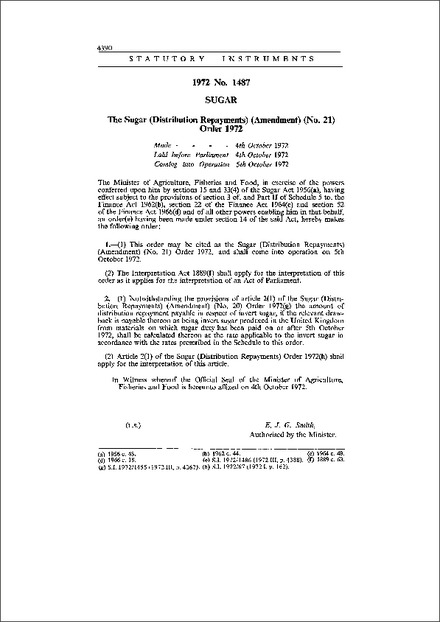 The Sugar (Distribution Repayments) (Amendment) (No. 21) Order 1972