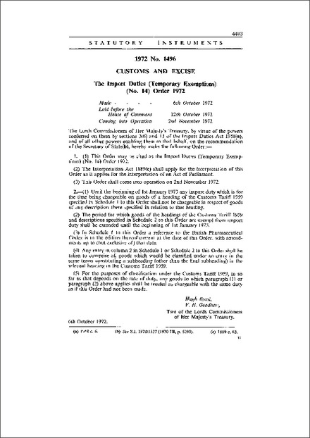The Import Duties (Temporary Exemptions) (No. 14) Order 1972
