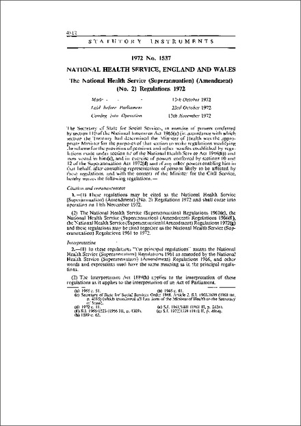 The National Health Service (Superannuation) (Amendment) (No. 2) Regulations 1972