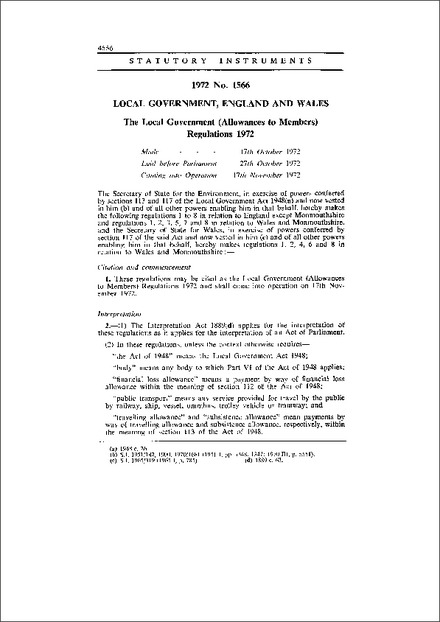 The Local Government (Allowances to Members) Regulations 1972