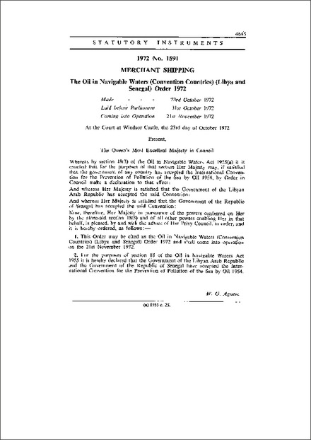 The Oil in Navigable Waters (Convention Countries) (Libya and Senegal) Order 1972