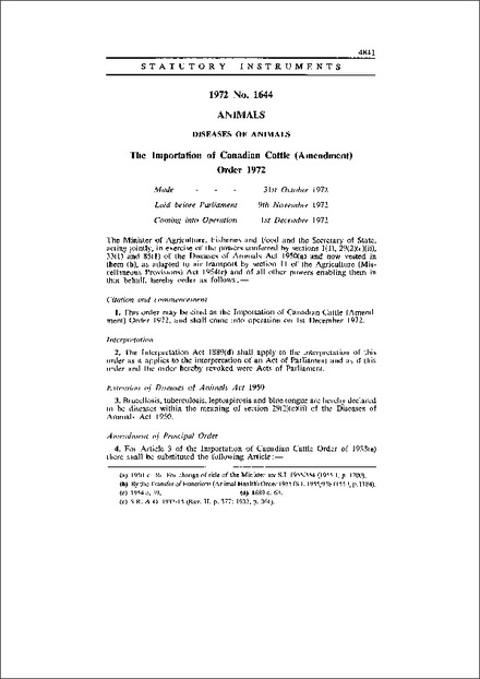 The Importation of Canadian Cattle (Amendment) Order 1972