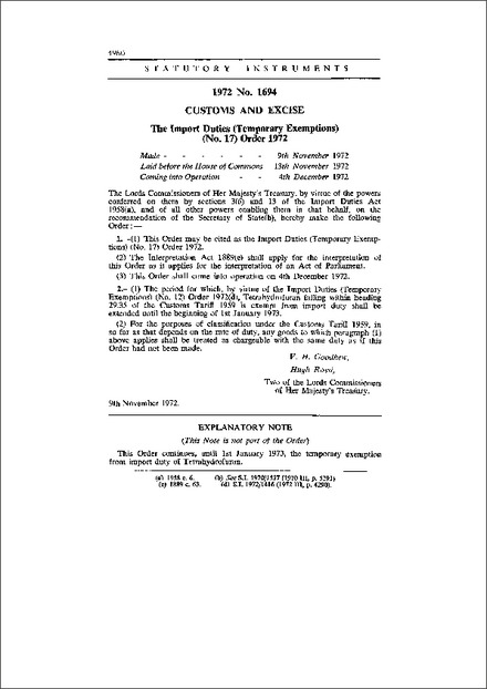 The Import Duties (Temporary Exemptions) (No. 17) Order 1972