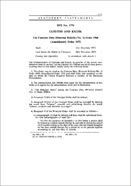 The Customs Duty (Personal Reliefs) (No. 1) Order 1968 (Amendment) Order 1972