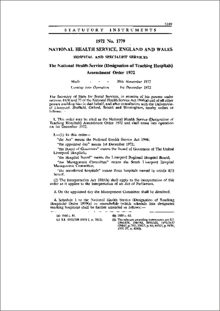 The National Health Service (Designation of Teaching Hospitals) Amendment Order 1972
