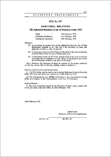 The Industrial Relations (Code of Practice) Order 1972