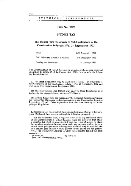 The Income Tax (Payments to Sub-Contractors in the Construction Industry) (No. 2) Regulations 1972