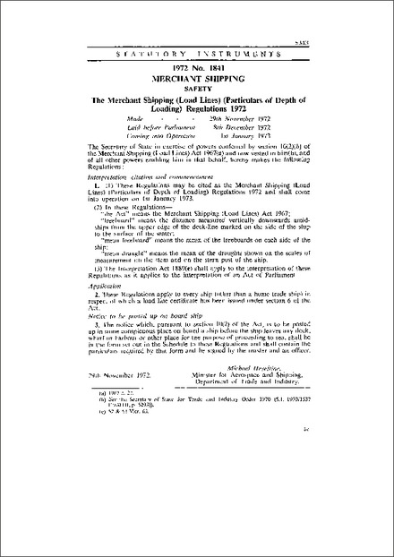 The Merchant Shipping (Load Lines) (Particulars of Depth of Loading) Regulations 1972