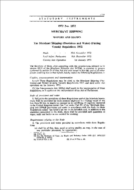 The Merchant Shipping (Provisions and Water) (Fishing Vessels) Regulations 1972