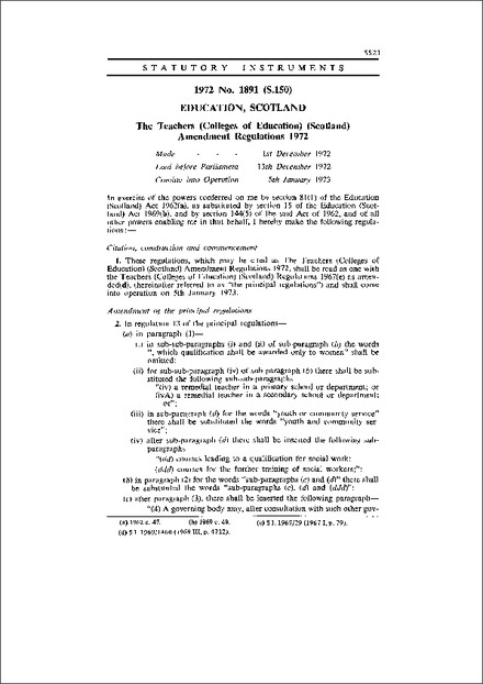 The Teachers (Colleges of Education) (Scotland) Amendment Regulations 1972