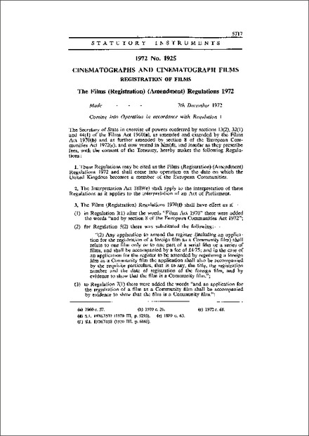 The Films (Registration) (Amendment) Regulations 1972