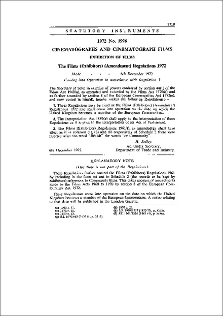 The Films (Exhibitors) (Amendment) Regulations 1972