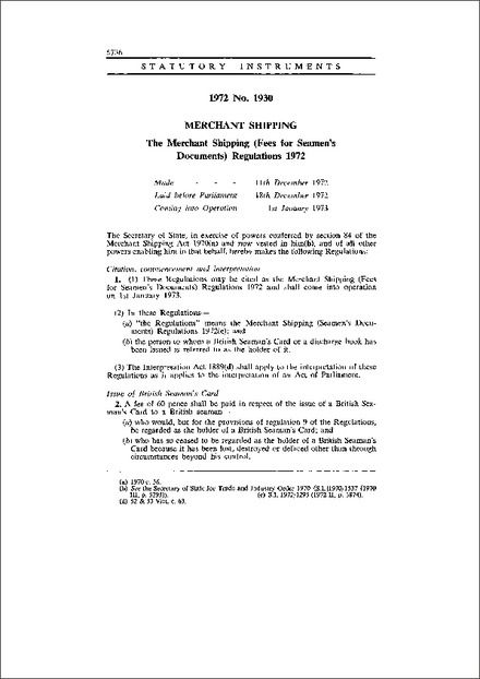 The Merchant Shipping (Fees for Seamen's Documents) Regulations 1972