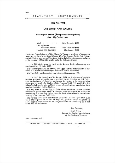The Import Duties (Temporary Exemptions) (No. 19) Order 1972