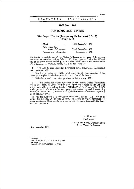 The Import Duties (Temporary Reductions) (No. 2) Order 1972