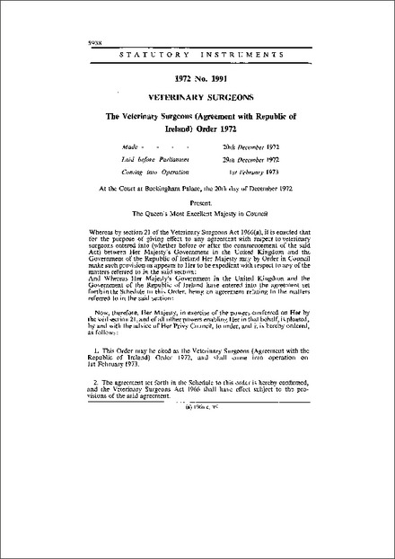 The Veterinary Surgeons (Agreement with Republic of Ireland) Order 1972