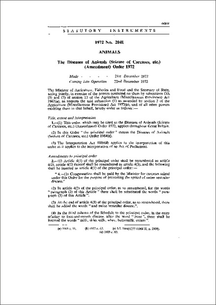 The Diseases of Animals (Seizure of Carcases, etc.) (Amendment) Order 1972