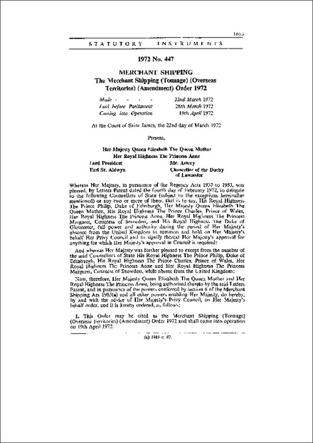The Merchant Shipping (Tonnage) (Overseas Territories) (Amendment) Order 1972