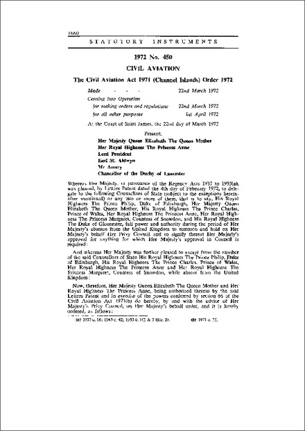 The Civil Aviation Act 1971 (Channel Islands) Order 1972