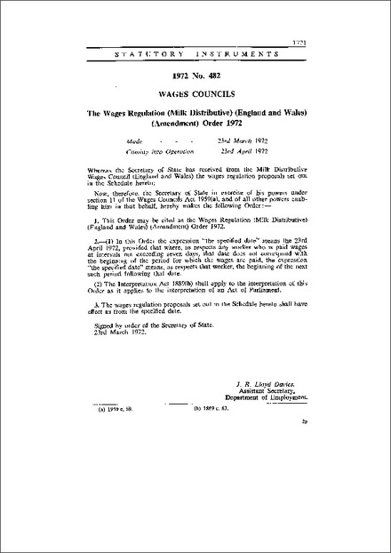 The Wages Regulation (Milk Distributive) (England and Wales) (Amendment) Order 1972