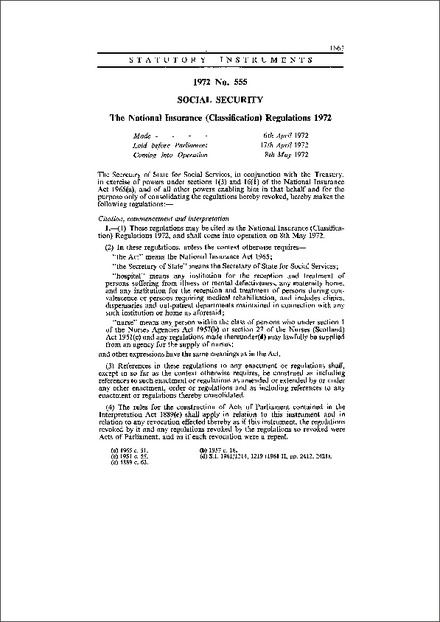 The National Insurance (Classification) Regulations 1972
