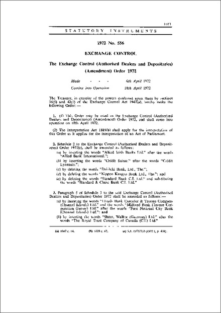 The Exchange Control (Authorised Dealers and Depositaries) (Amendment) Order 1972