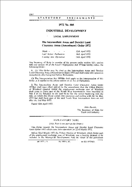 The Intermediate Areas and Derelict Land Clearance Areas (Amendment) Order 1972