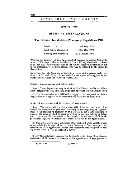 The Offshore Installations (Managers) Regulations 1972