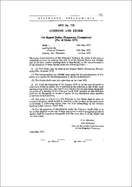 The Import Duties (Temporary Exemptions) (No. 4) Order 1972