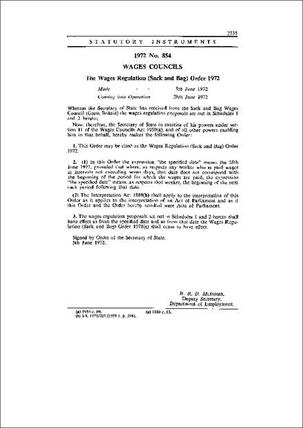 The Wages Regulation (Sack and Bag) Order 1972