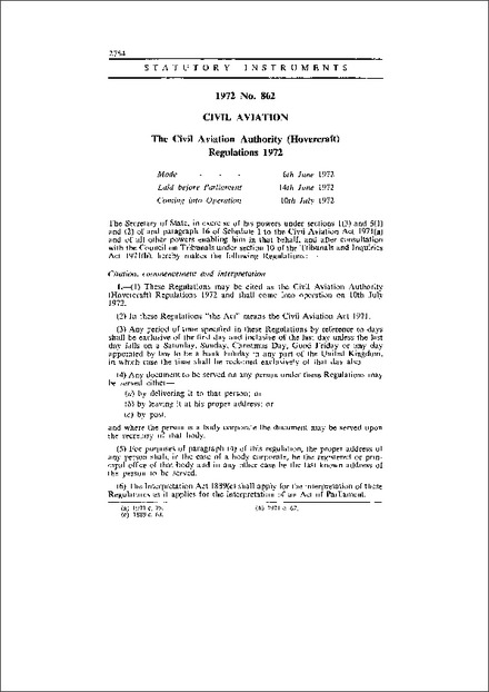 The Civil Aviation Authority (Hovercraft) Regulations 1972