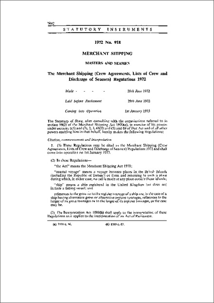 The Merchant Shipping (Crew Agreements, Lists of Crew and Discharge of Seamen) Regulations 1972