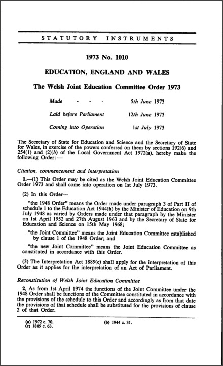 The Welsh Joint Education Committee Order 1973