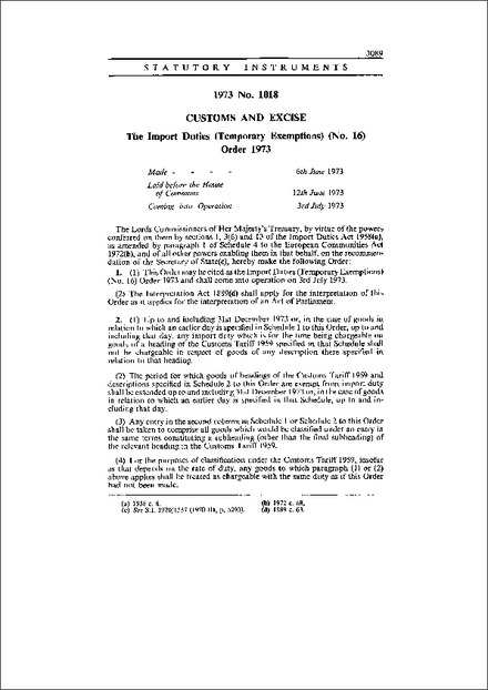 The Import Duties (Temporary Exemptions) (No. 16) Order 1973