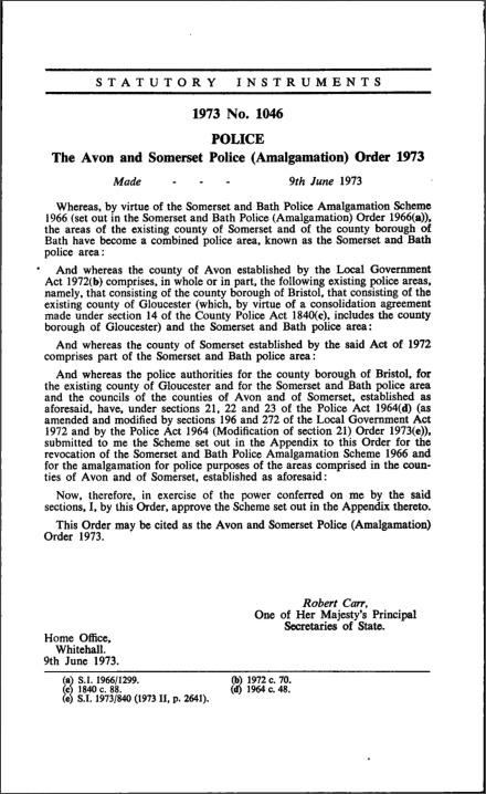 The Avon and Somerset Police (Amalgamation) Order 1973